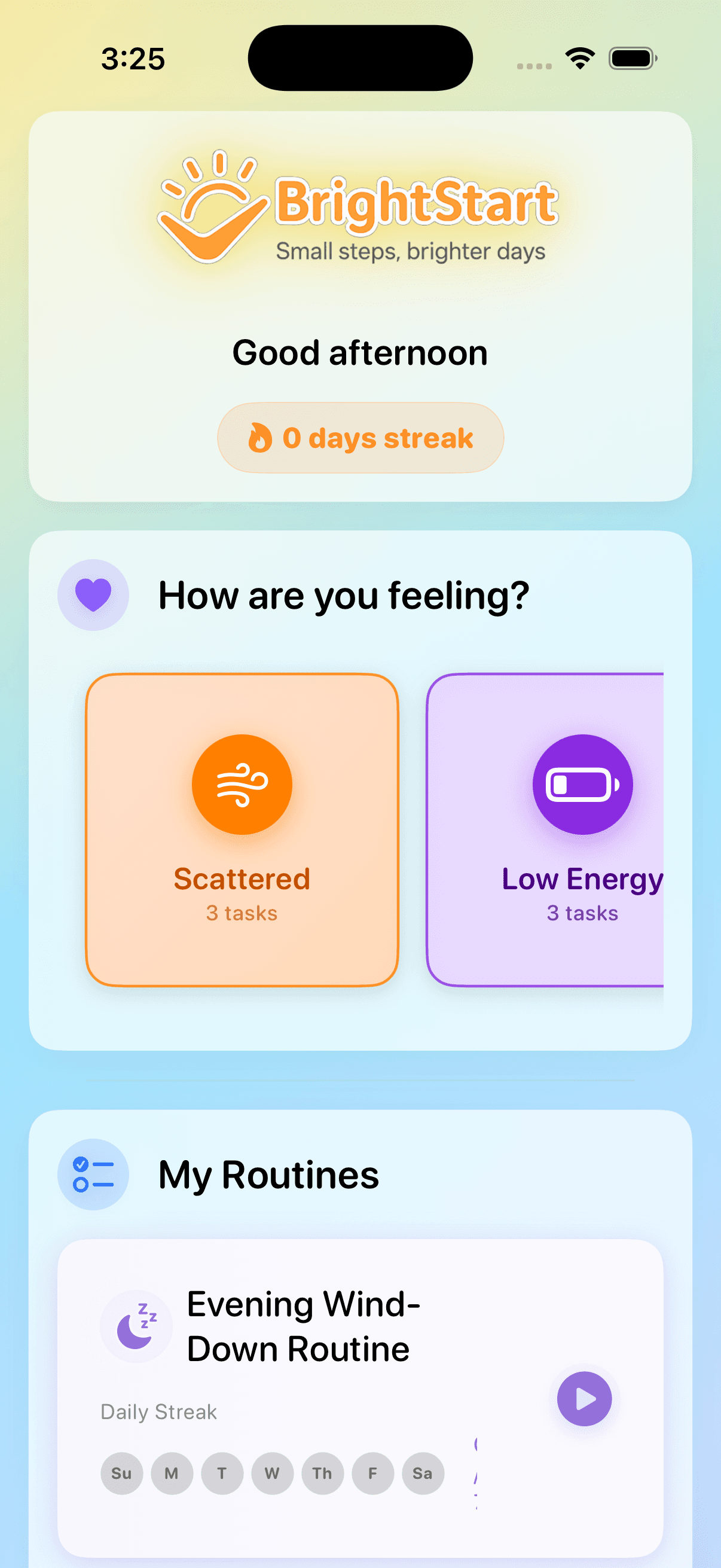 BrighterStart home screen with mood check-in and routines