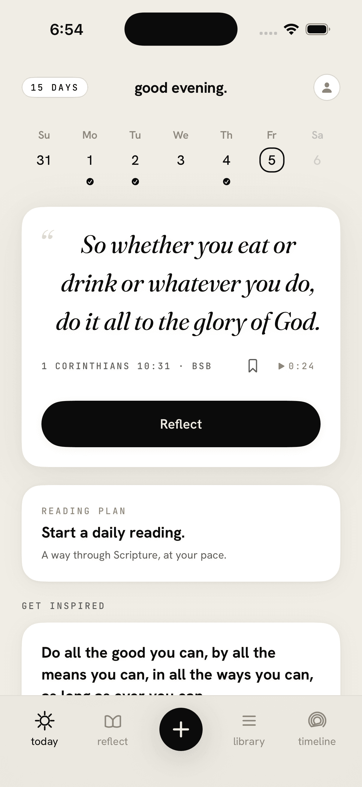 Guiding Light evening home screen with a daily verse