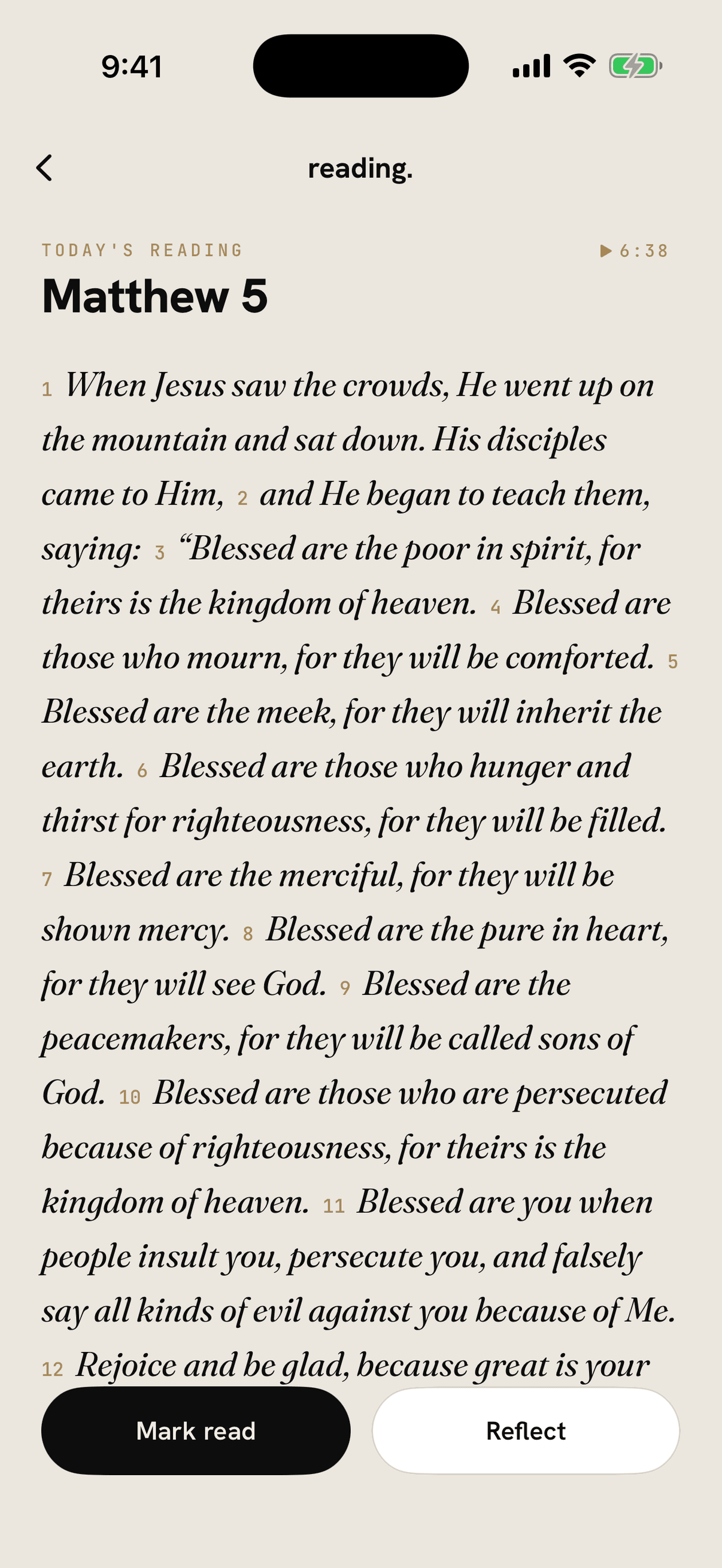 Guiding Light's reading screen showing Matthew 5 with audio narration, Mark read, and Reflect