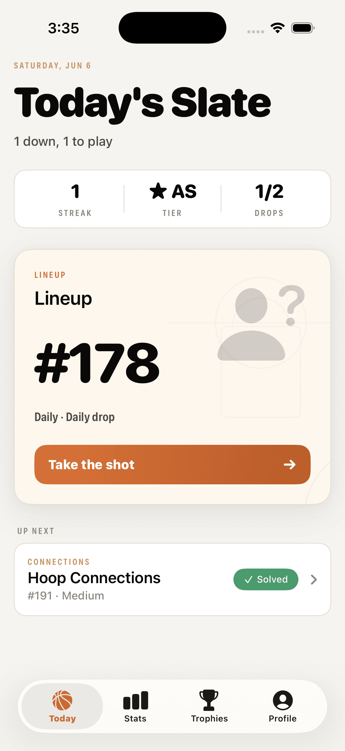 Hoops Connect daily slate puzzle screen