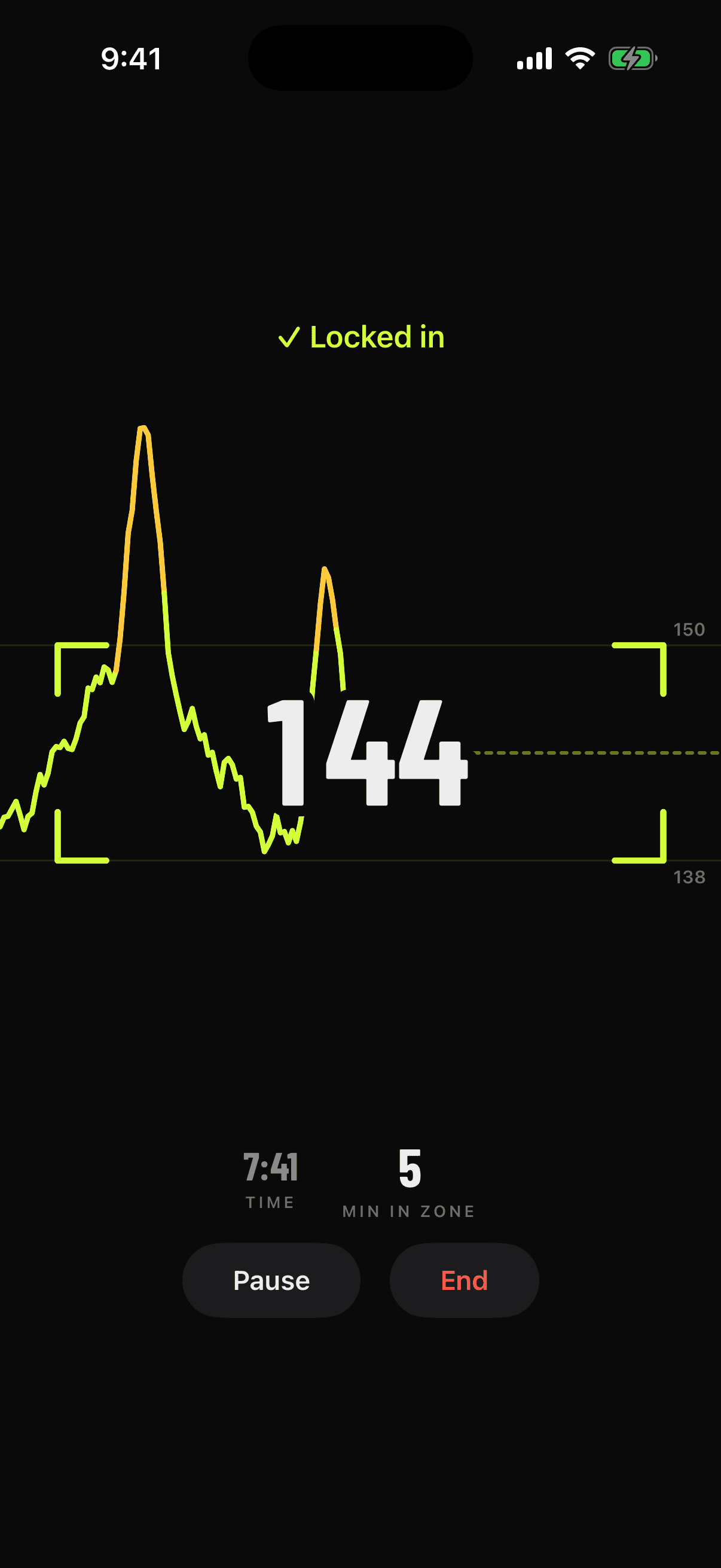 LockIN in-run screen showing a heart rate of 144 inside the lime target band
