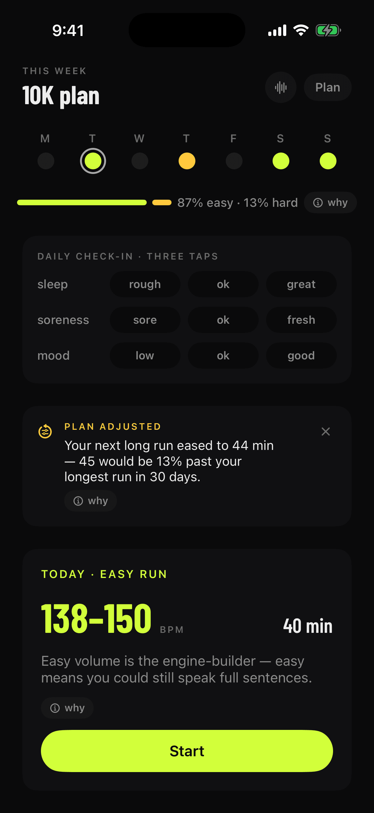 LockIN home screen showing a 10K plan week and today's easy run