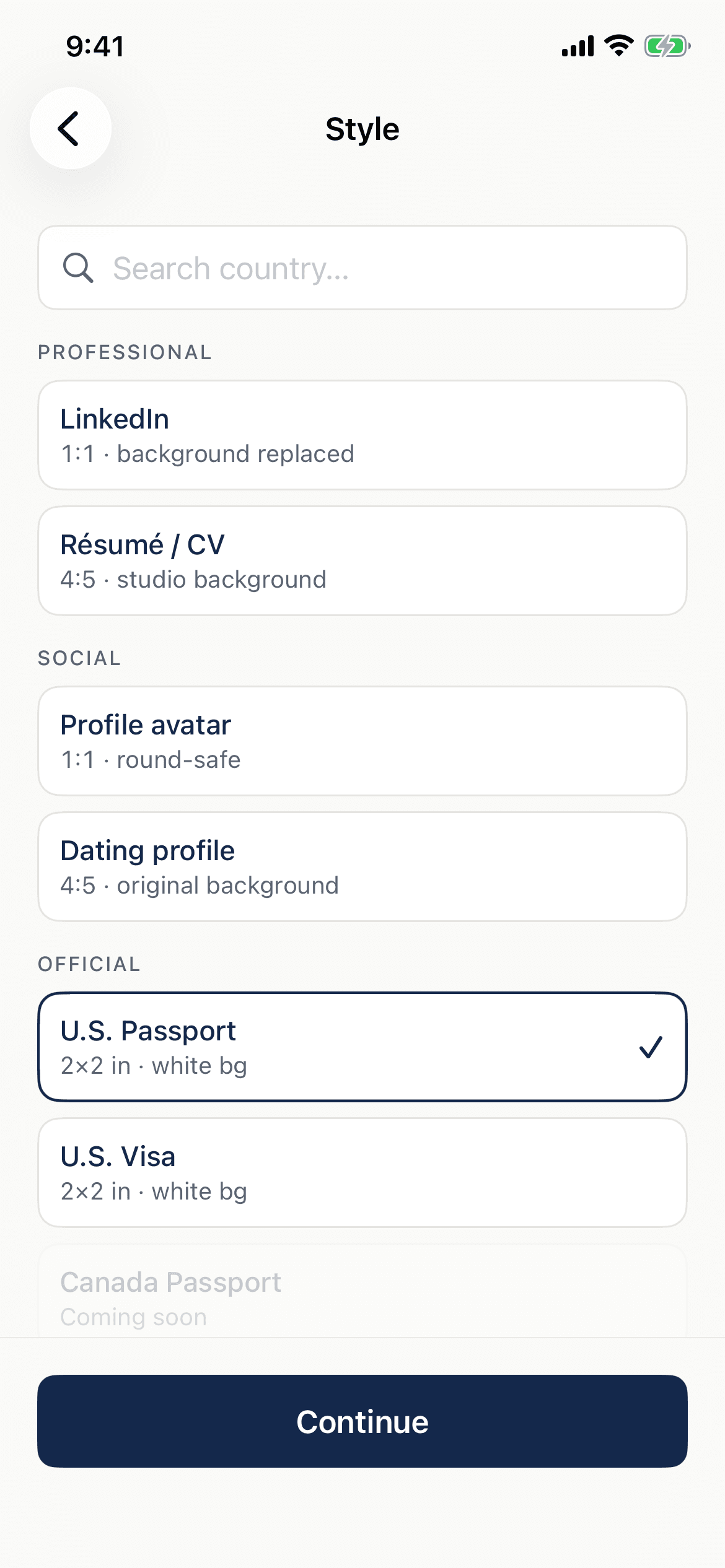 PassPhoto style picker offering passport, visa, LinkedIn, résumé, and profile photo formats