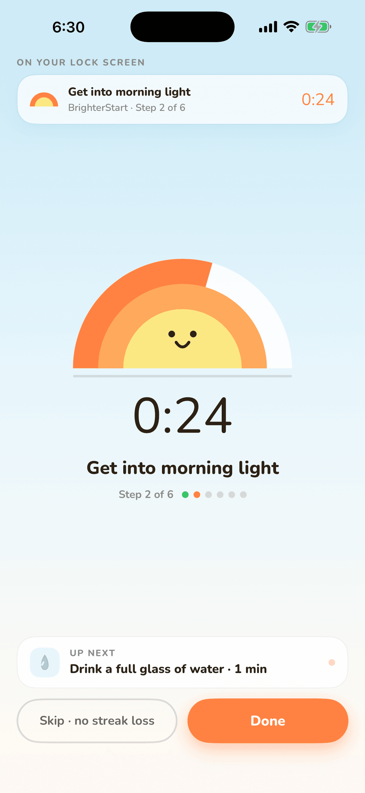 BrighterStart guided routine step with a rising-sun countdown and the next step queued