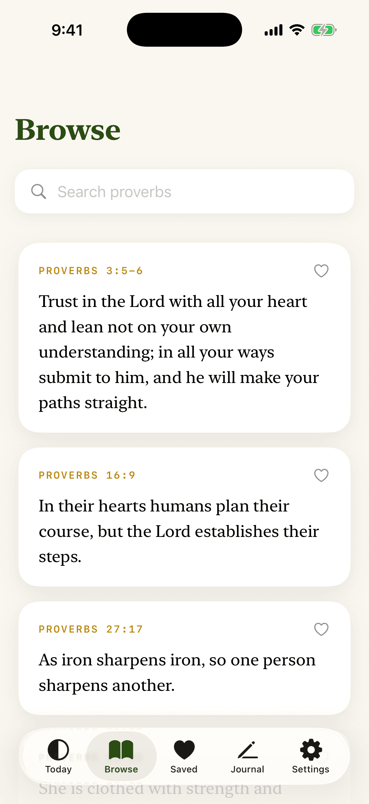 Daily Proverb's Browse screen with searchable Proverbs verses